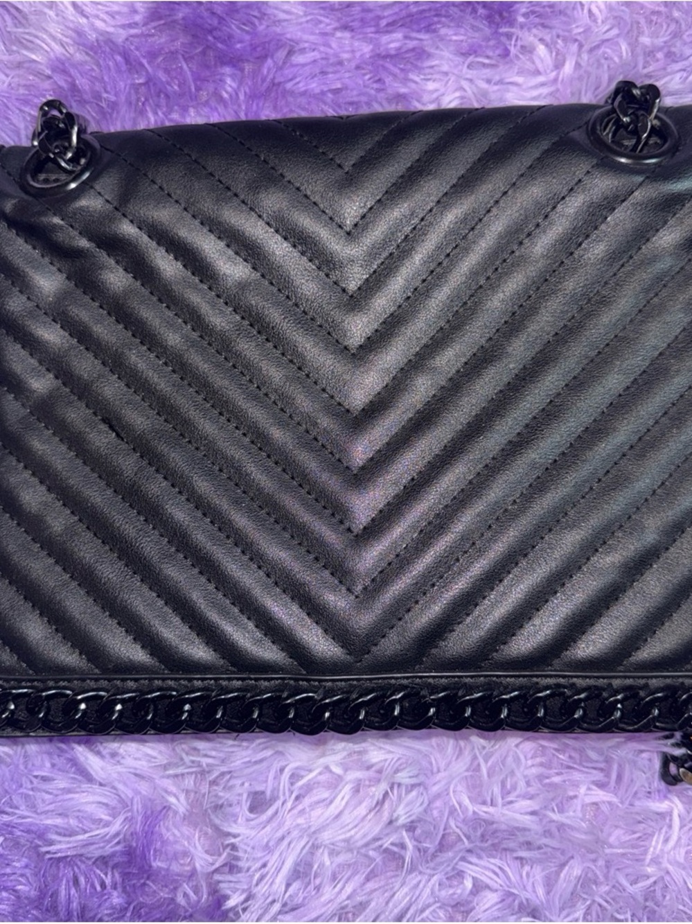 Aldo Black Chevron Quilted Shoulder Bag with Chain Trim